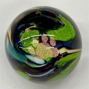 Jacqueline Berting Art Glass Paperweight 2in Orb Pawprint Galaxy Swirl Signed